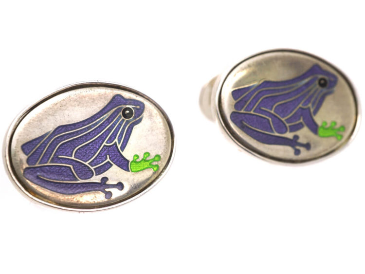 Silver Purple Frog Cufflinks by Roger Doyle