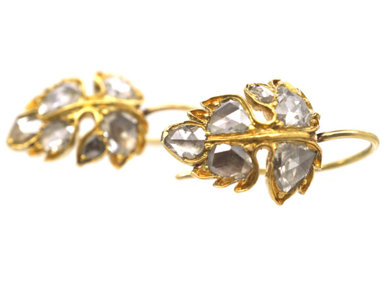 Georgian 18ct Gold Rose Diamond Vine Leaf Earrings