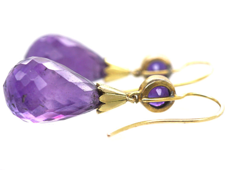 Edwardian 15ct Gold & Amethyst Pear Shaped Drop Earrings