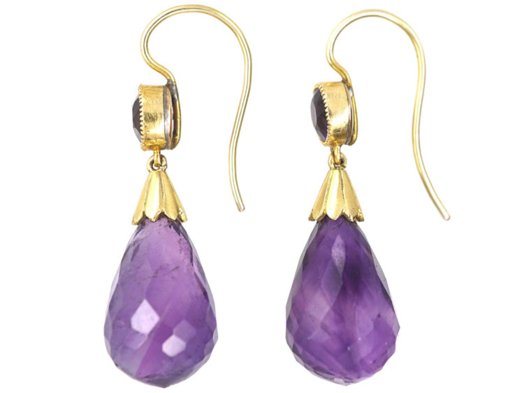 Edwardian 15ct Gold & Amethyst Pear Shaped Drop Earrings