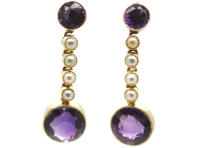 Edwardian 15ct Gold, Amethyst & Pearl Drop Earrings
