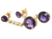 Edwardian 15ct Gold, Amethyst & Pearl Drop Earrings