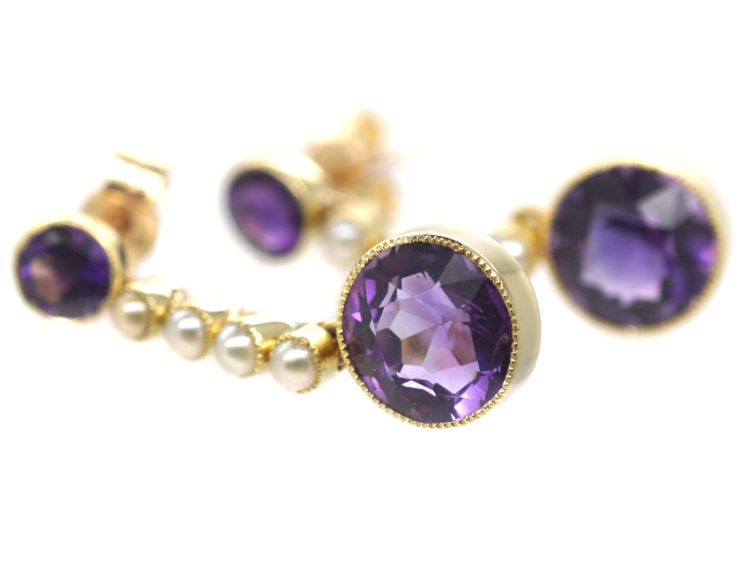Edwardian 15ct Gold, Amethyst & Pearl Drop Earrings