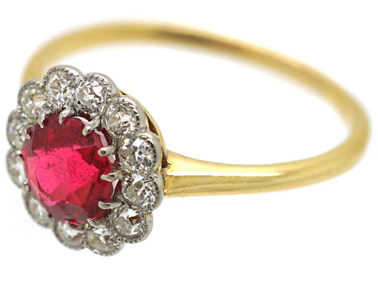 Edwardian 18ct Gold & Platinum, Red Spinel & Diamond Cluster Ring