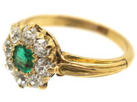 Edwardian 18ct Gold, Emerald & Diamond Cluster Ring