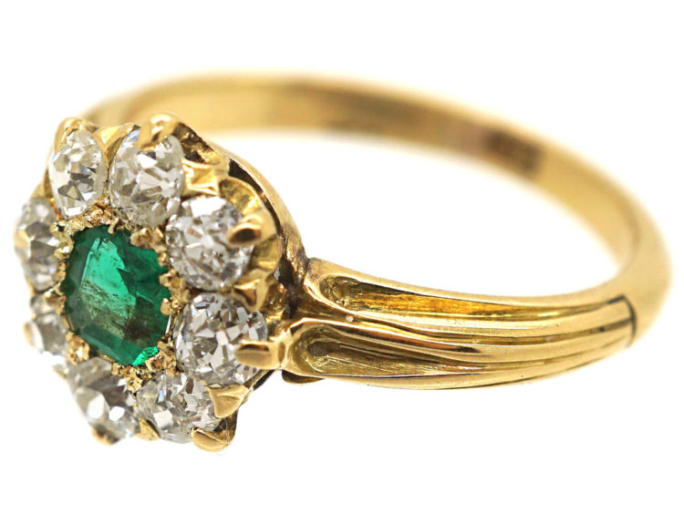 Edwardian 18ct Gold, Emerald & Diamond Cluster Ring