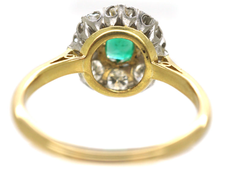 Edwardian 18ct Gold and Platinum, Emerald & Diamond Cluster Ring