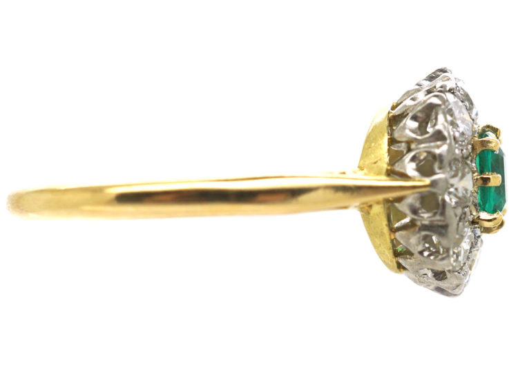 Edwardian 18ct Gold and Platinum, Emerald & Diamond Cluster Ring