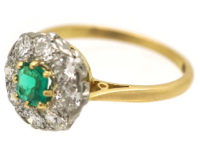 Edwardian 18ct Gold and Platinum, Emerald & Diamond Cluster Ring