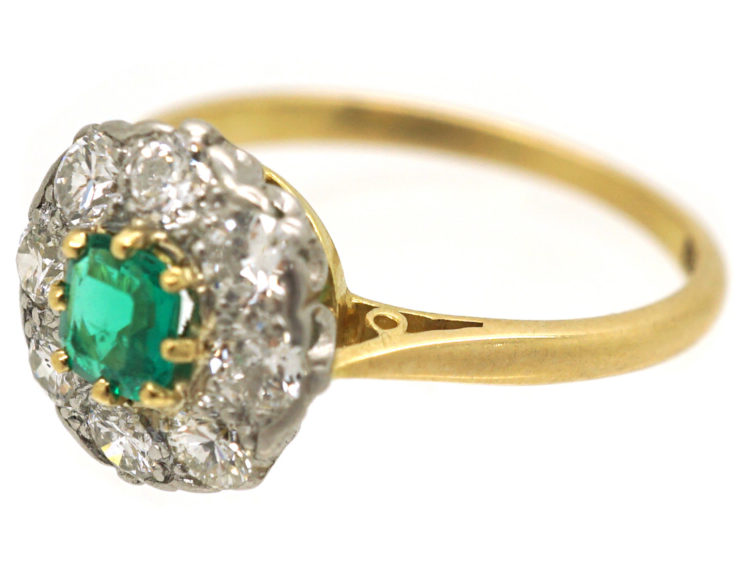 Edwardian 18ct Gold and Platinum, Emerald & Diamond Cluster Ring