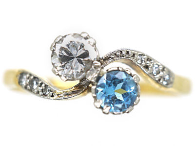 Edwardian 18ct Gold & Platinum, Aquamarine & Diamond Crossover Ring