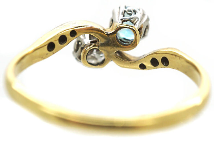 Edwardian 18ct Gold & Platinum, Aquamarine & Diamond Crossover Ring
