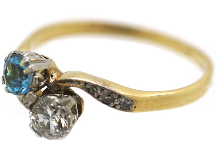 Edwardian 18ct Gold & Platinum, Aquamarine & Diamond Crossover Ring