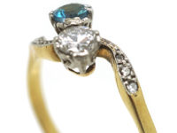 Edwardian 18ct Gold & Platinum, Aquamarine & Diamond Crossover Ring