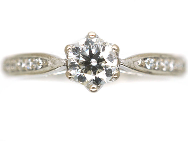 18ct White Gold Solitaire Diamond Ring with diamond Set Shoulders