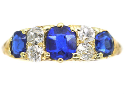 Edwardian 18ct Gold, Sapphire & Diamond Three Stone Carved Half Hoop Ring Edwardian 18ct Gold, Sapphire & Diamond Three Stone Carved Half Hoop Ring