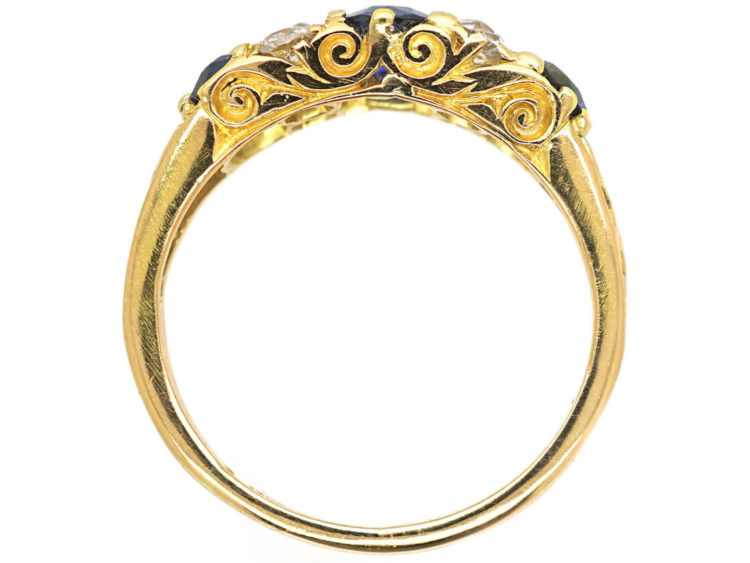 Edwardian 18ct Gold, Sapphire & Diamond Three Stone Carved Half Hoop Ring