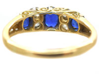 Edwardian 18ct Gold, Sapphire & Diamond Three Stone Carved Half Hoop Ring