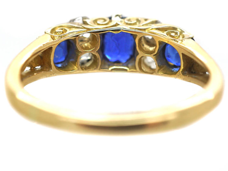 Edwardian 18ct Gold, Sapphire & Diamond Three Stone Carved Half Hoop Ring