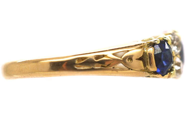 Edwardian 18ct Gold, Sapphire & Diamond Three Stone Carved Half Hoop Ring