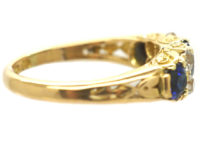 Edwardian 18ct Gold, Sapphire & Diamond Three Stone Carved Half Hoop Ring