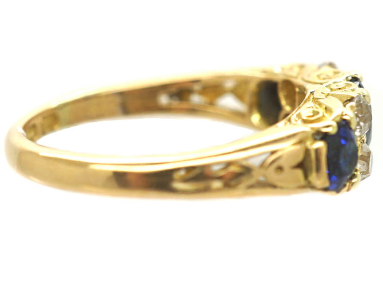 Edwardian 18ct Gold, Sapphire & Diamond Three Stone Carved Half Hoop Ring