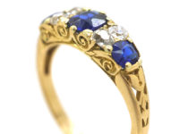 Edwardian 18ct Gold, Sapphire & Diamond Three Stone Carved Half Hoop Ring