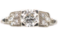 Art Deco 18ct White Gold Solitaire Diamond Ring with Step Cut Design Shoulders