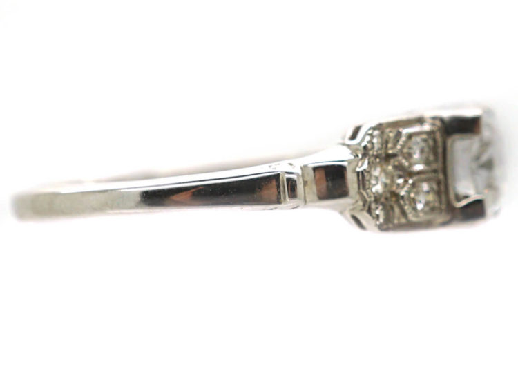 Art Deco 18ct White Gold Solitaire Diamond Ring with Step Cut Design Shoulders
