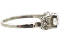 Art Deco 18ct White Gold Solitaire Diamond Ring with Step Cut Design Shoulders