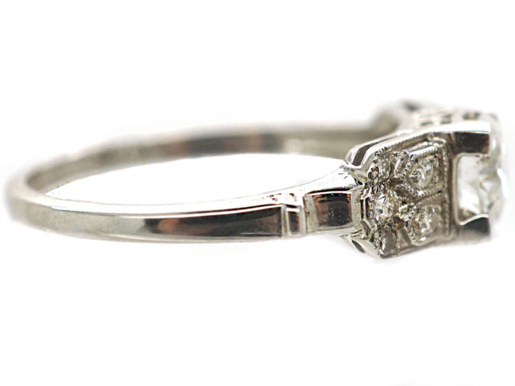 Art Deco 18ct White Gold Solitaire Diamond Ring with Step Cut Design Shoulders
