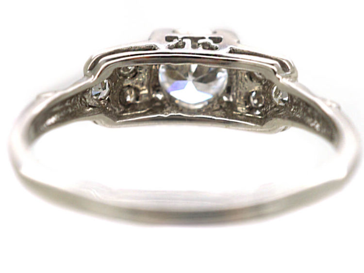 Art Deco 18ct White Gold Solitaire Diamond Ring with Step Cut Design Shoulders