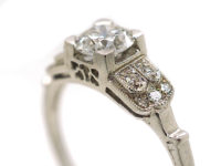 Art Deco 18ct White Gold Solitaire Diamond Ring with Step Cut Design Shoulders