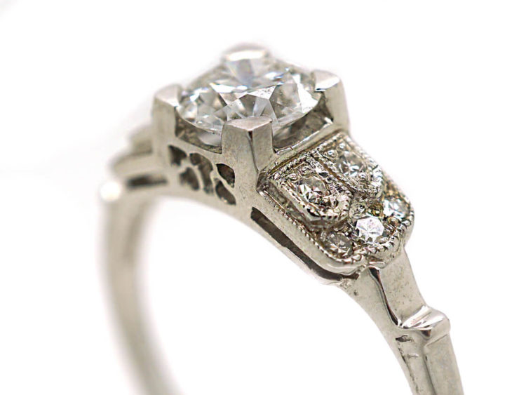 Art Deco 18ct White Gold Solitaire Diamond Ring with Step Cut Design Shoulders