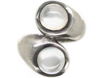 Silver Crossover Design Ring set with Two Moonstones