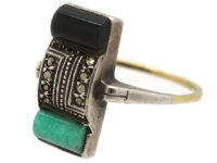 Art Deco Silver, Gold Onyx Marcasite & Amazonite Rectangular Ring