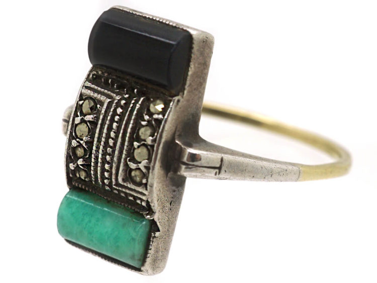 Art Deco Silver, Gold Onyx Marcasite & Amazonite Rectangular Ring
