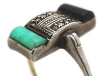 Art Deco Silver, Gold Onyx Marcasite & Amazonite Rectangular Ring