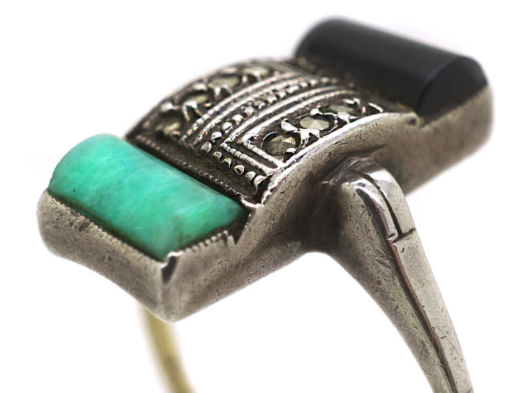 Art Deco Silver, Gold Onyx Marcasite & Amazonite Rectangular Ring