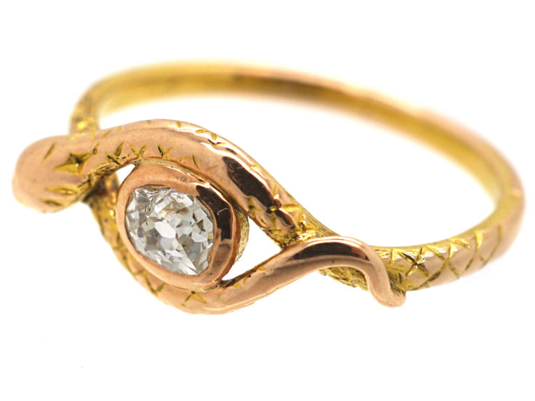 18ct Gold Snake Ring set with an Old Mine Cut Diamond