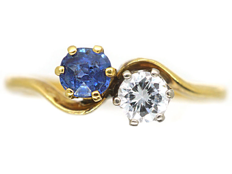 Edwardian 18ct Gold & Platinum, Diamond & Sapphire Crossover Ring
