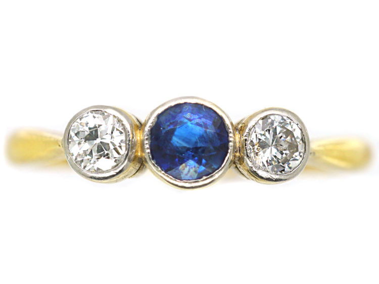Art Deco 18ct Gold & Platinum, Three Stone Diamond & Sapphire Ring