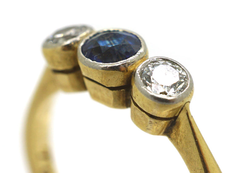 Art Deco 18ct Gold & Platinum, Three Stone Diamond & Sapphire Ring
