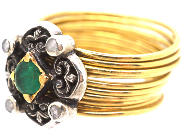 18ct Gold Harem Ring With Emerald & Rose Diamond Top