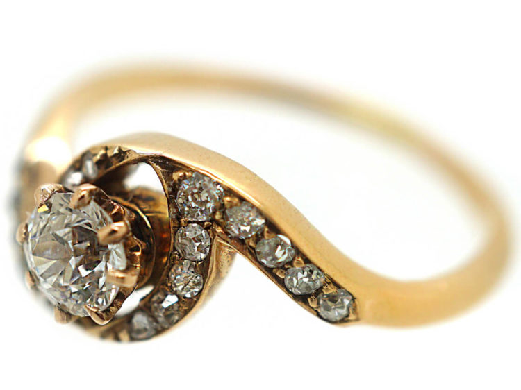 Art Nouveau 18ct Gold, Diamond Solitaire Twist Ring