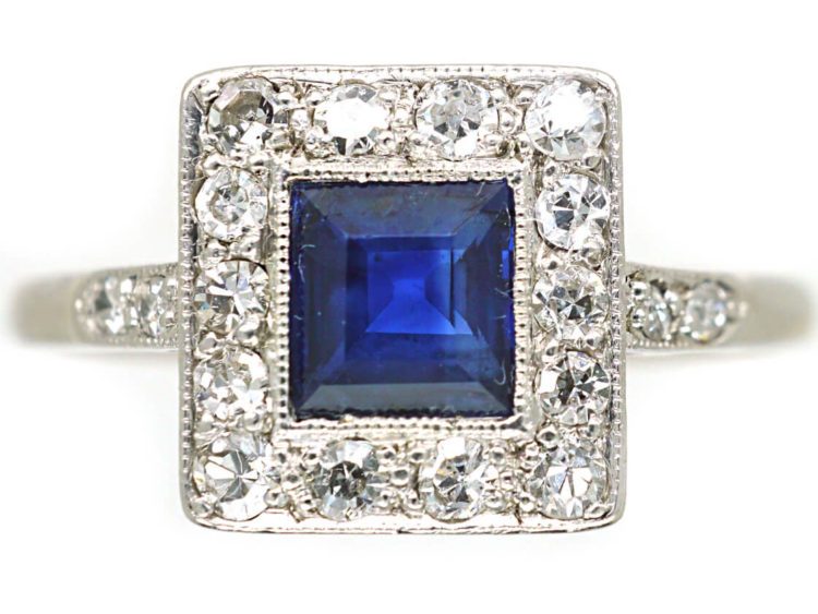 Art Deco 18ct Gold, Platinum Sapphire & Diamond Square Ring