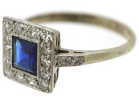 Art Deco 18ct Gold, Platinum Sapphire & Diamond Square Ring