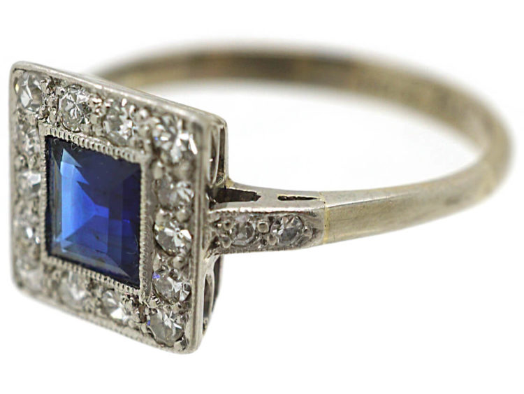 Art Deco 18ct Gold, Platinum Sapphire & Diamond Square Ring