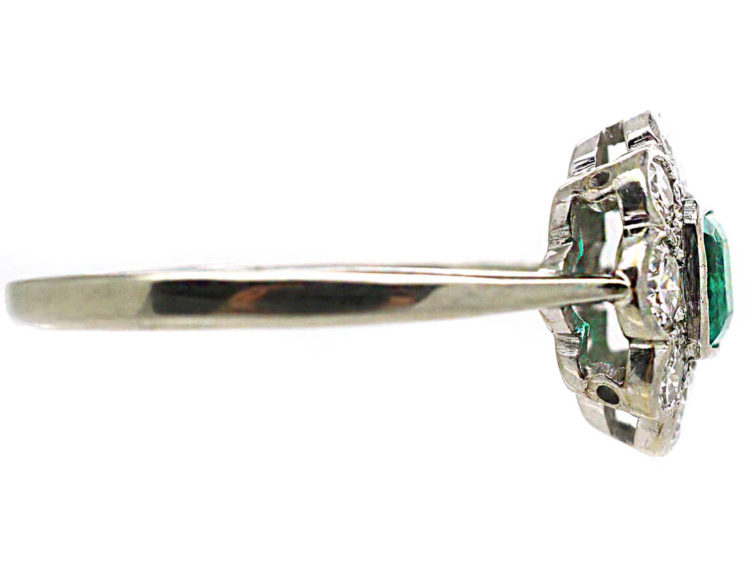 Art Deco Platinum & 18ct White Gold, Emerald & Diamond Cluster Ring