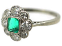 Art Deco Platinum & 18ct White Gold, Emerald & Diamond Cluster Ring